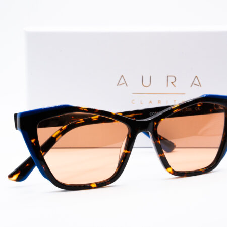 Aura Clarity Nirvana FL-41 Migraine Glasses – Blue Cat-Eye Tortoise Frame – Light Sensitivity & Chronic Migraine Relief
