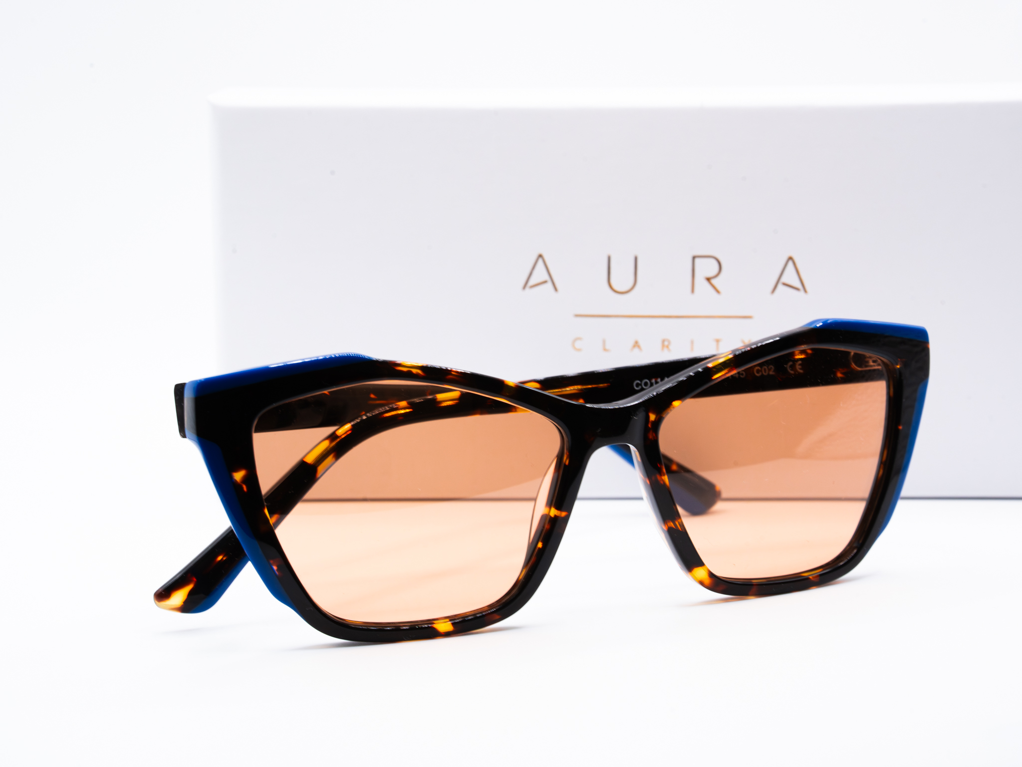 Aura Clarity Nirvana FL-41 Migraine Glasses – Blue Cat-Eye Tortoise Frame – Light Sensitivity & Chronic Migraine Relief