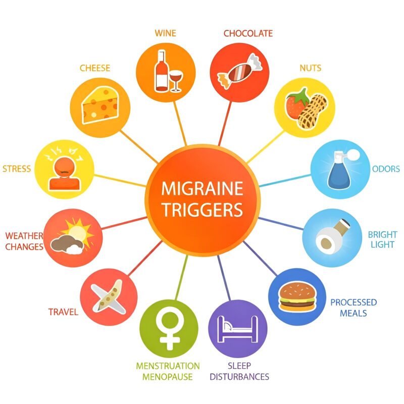 Migraine bucket theory diagram showing how triggers like stress, light sensitivity, sleep deprivation, and dehydration stack to overflow threshold and cause migraine attacks