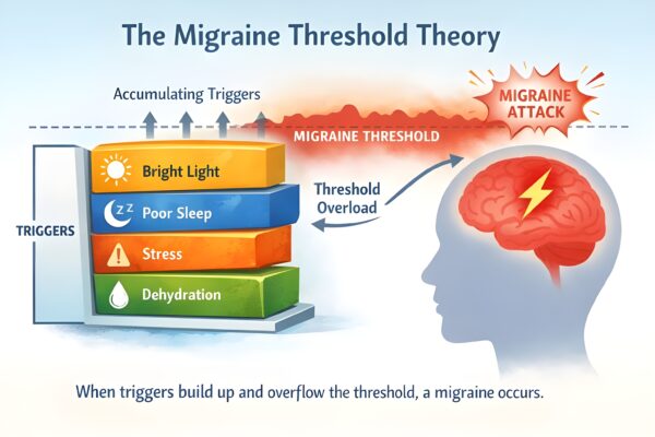 Visual representation of migraine threshold theory showing personal threshold line with triggers accumulating below and migraine attack occurring when threshold is exceeded