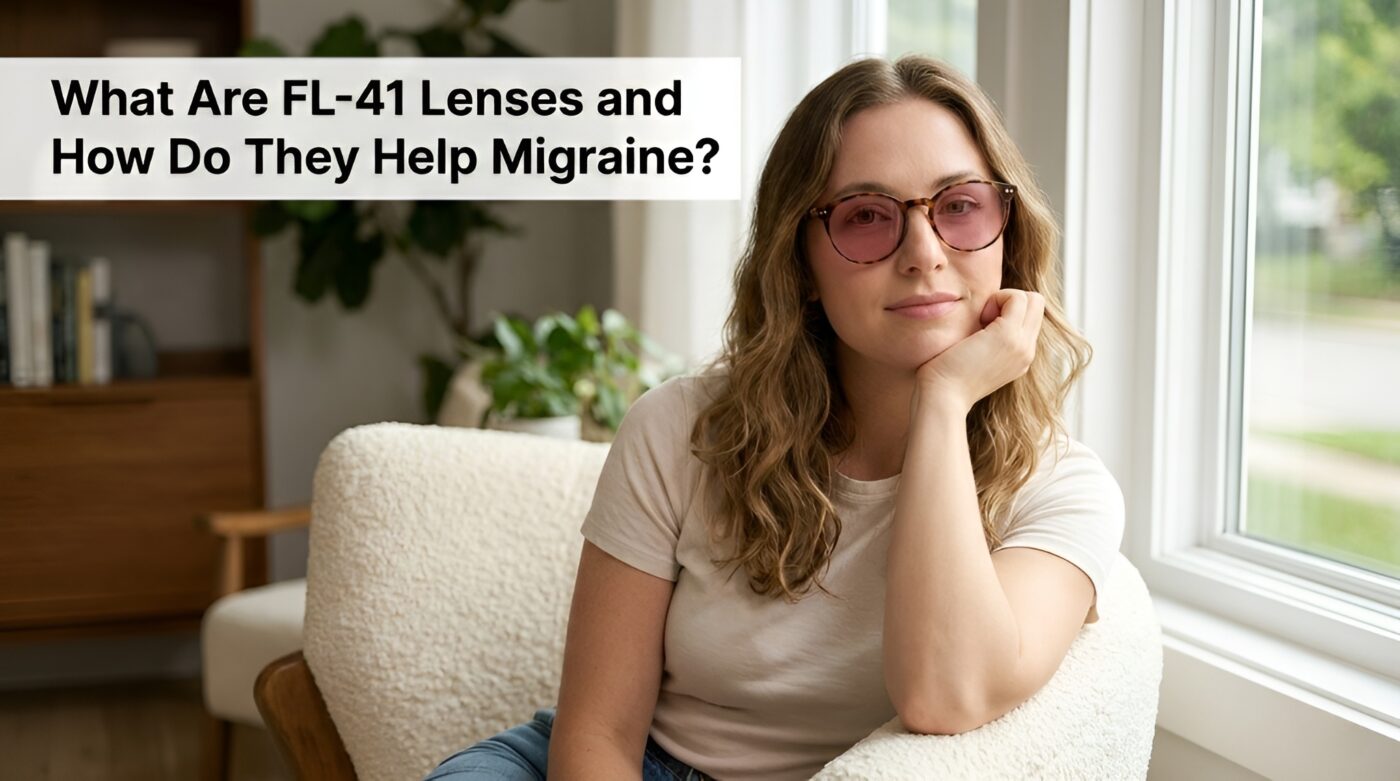 A image that a girl wearing FL-41 glasses and showing the FL-41 lenses glasses.